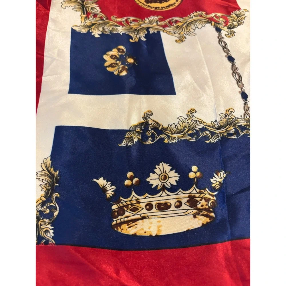 Vintage Style Square Silk Feel Scarf Red Navy Blue Gold Chain‎ Print 35x35